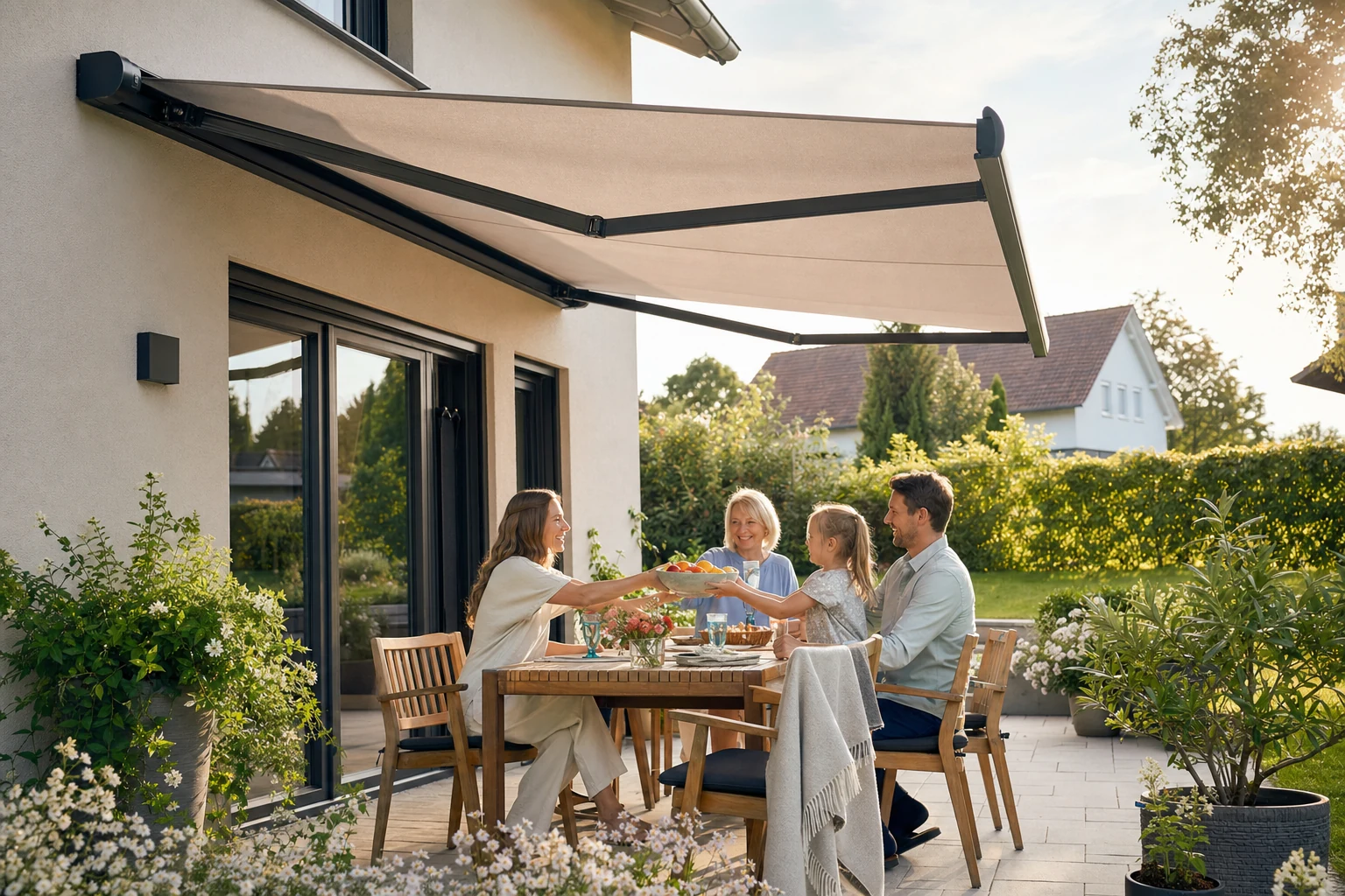 Ausgefahrene Kassettenmarkise als Sonnenschutz an einer Terrasse