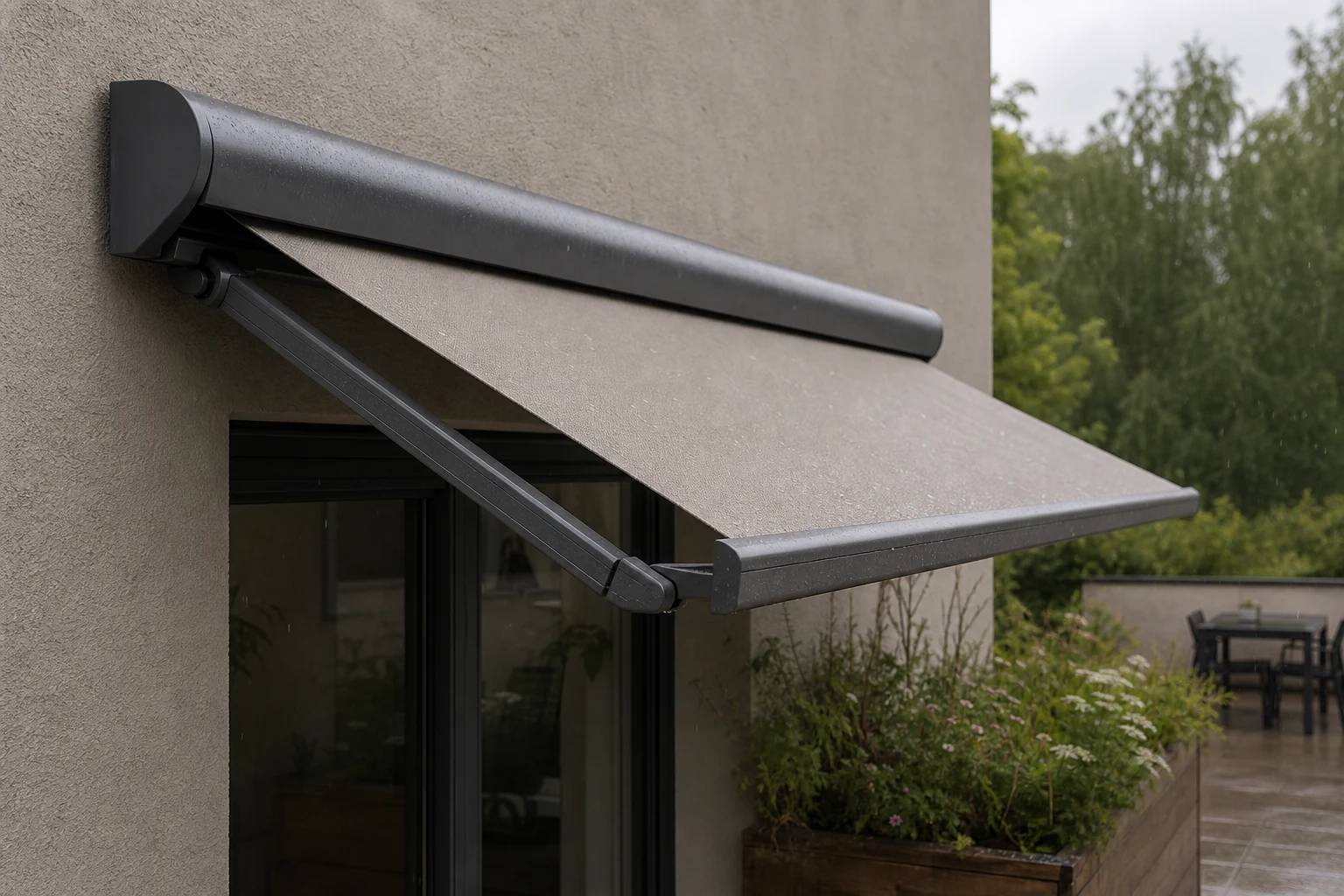 Sichtbares Detail einer Kassettenmarkise mit Aluminium-Kassette und Gelenkarm