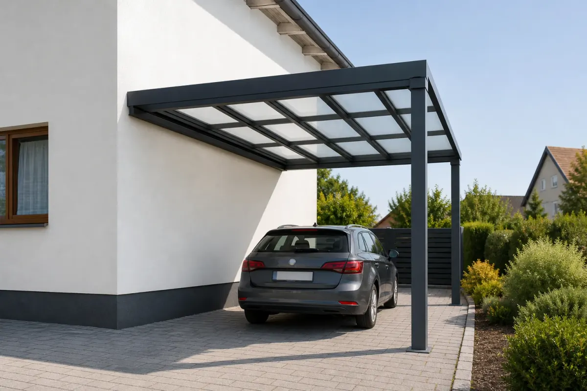 Konzeptvisualisierung eines Aluminium-Doppelcarports mit zwei Stellplätzen