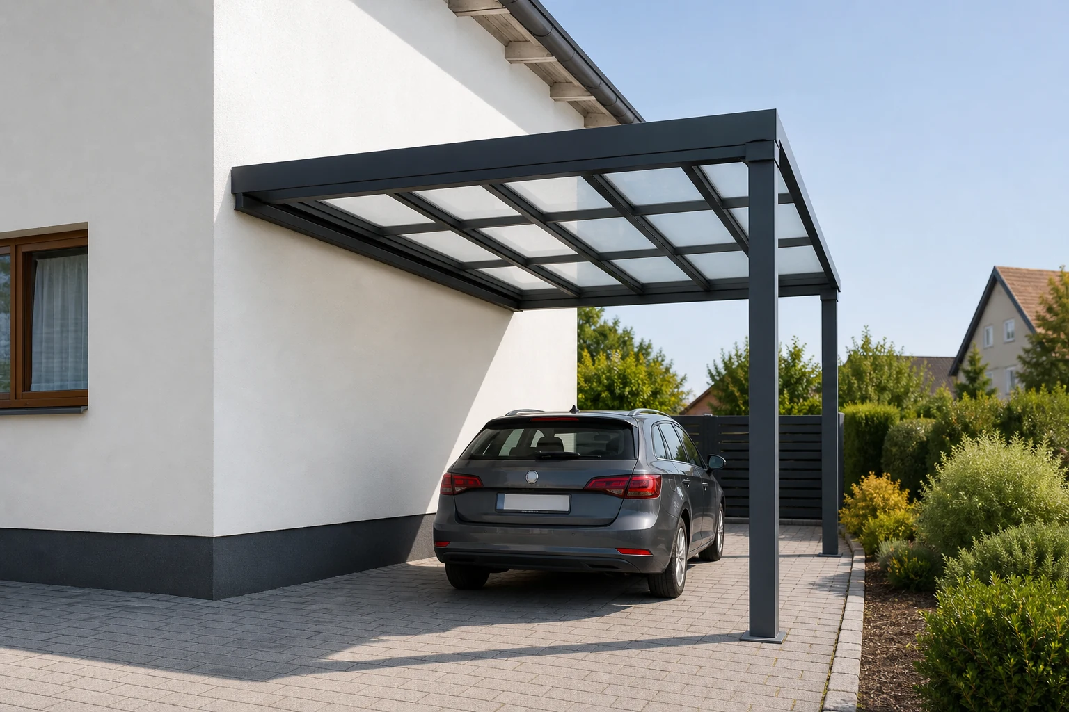 Aluminium-Carport mit geparktem Fahrzeug an einer Wohnimmobilie