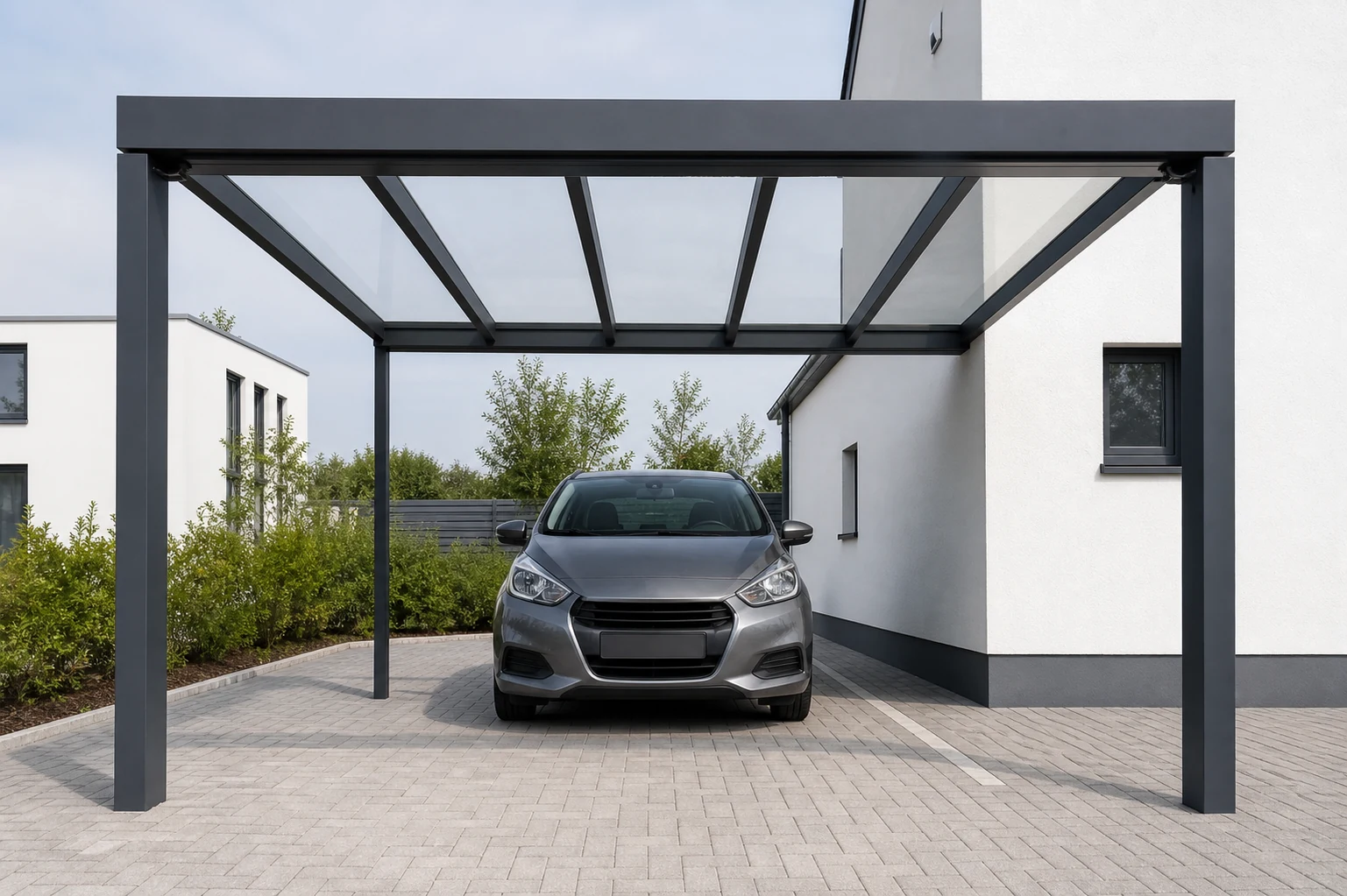 Frontalansicht eines Aluminium-Carports mit geparktem Fahrzeug