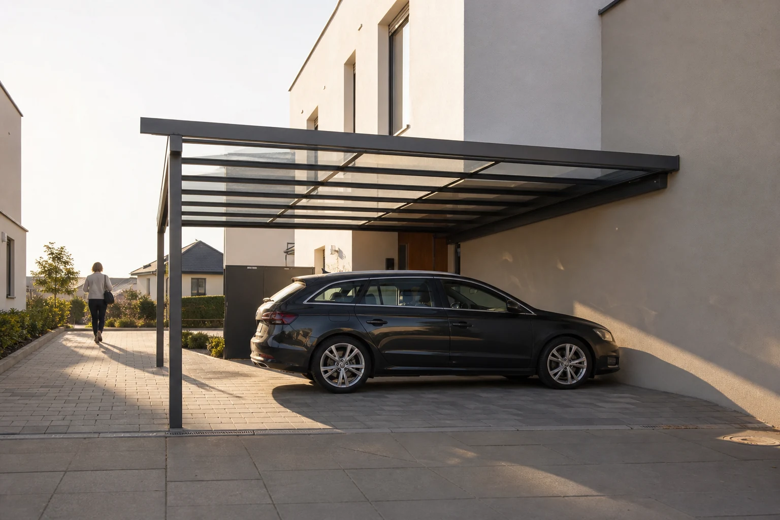 Seitliche Zufahrt unter einem Aluminium-Carport