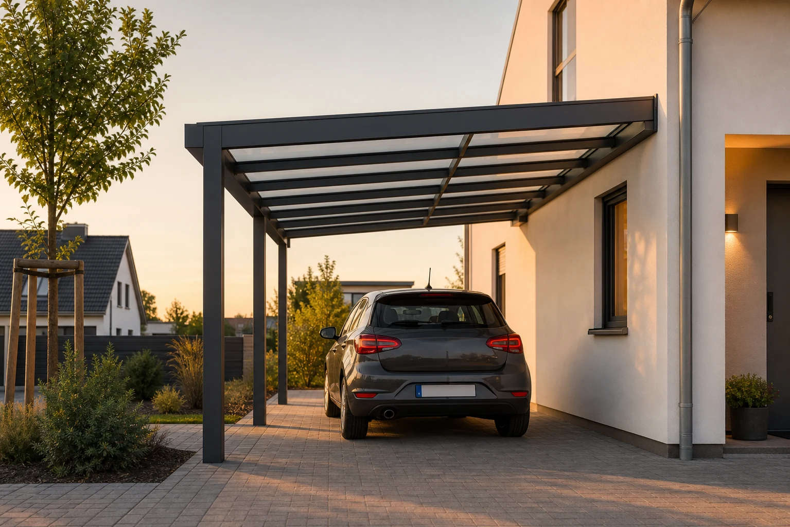 Aluminium-Carport in weiter Ansicht mit Wohnhaus und Einfahrt