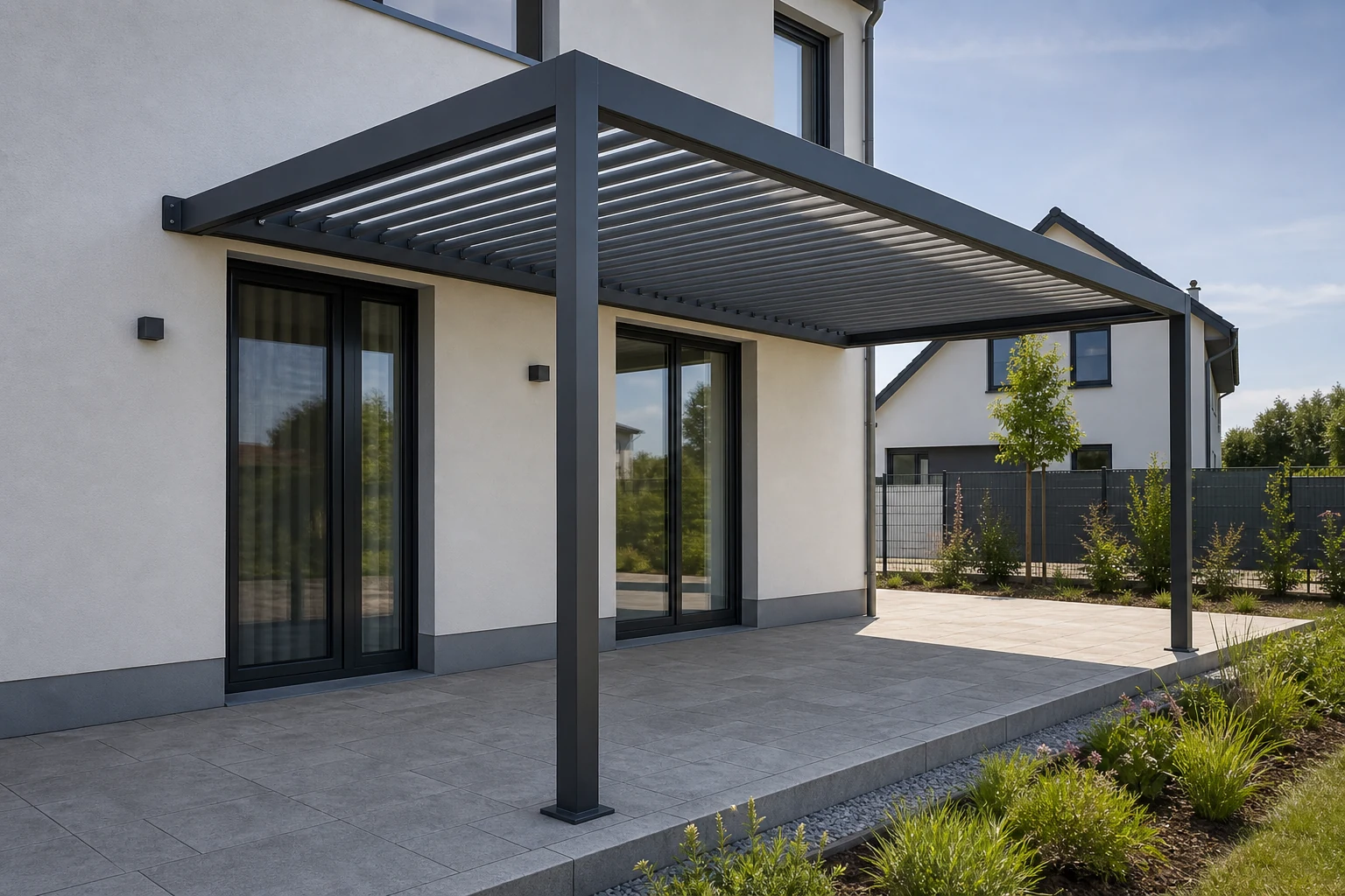 Aluminium-Lamellendach an einem Wohnhaus mit drehbaren Lamellen