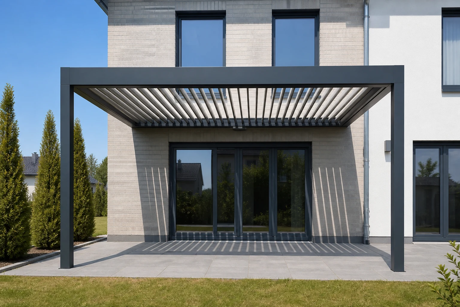 Frontalansicht eines Aluminium-Lamellendachs mit ruhigem Lamellenraster