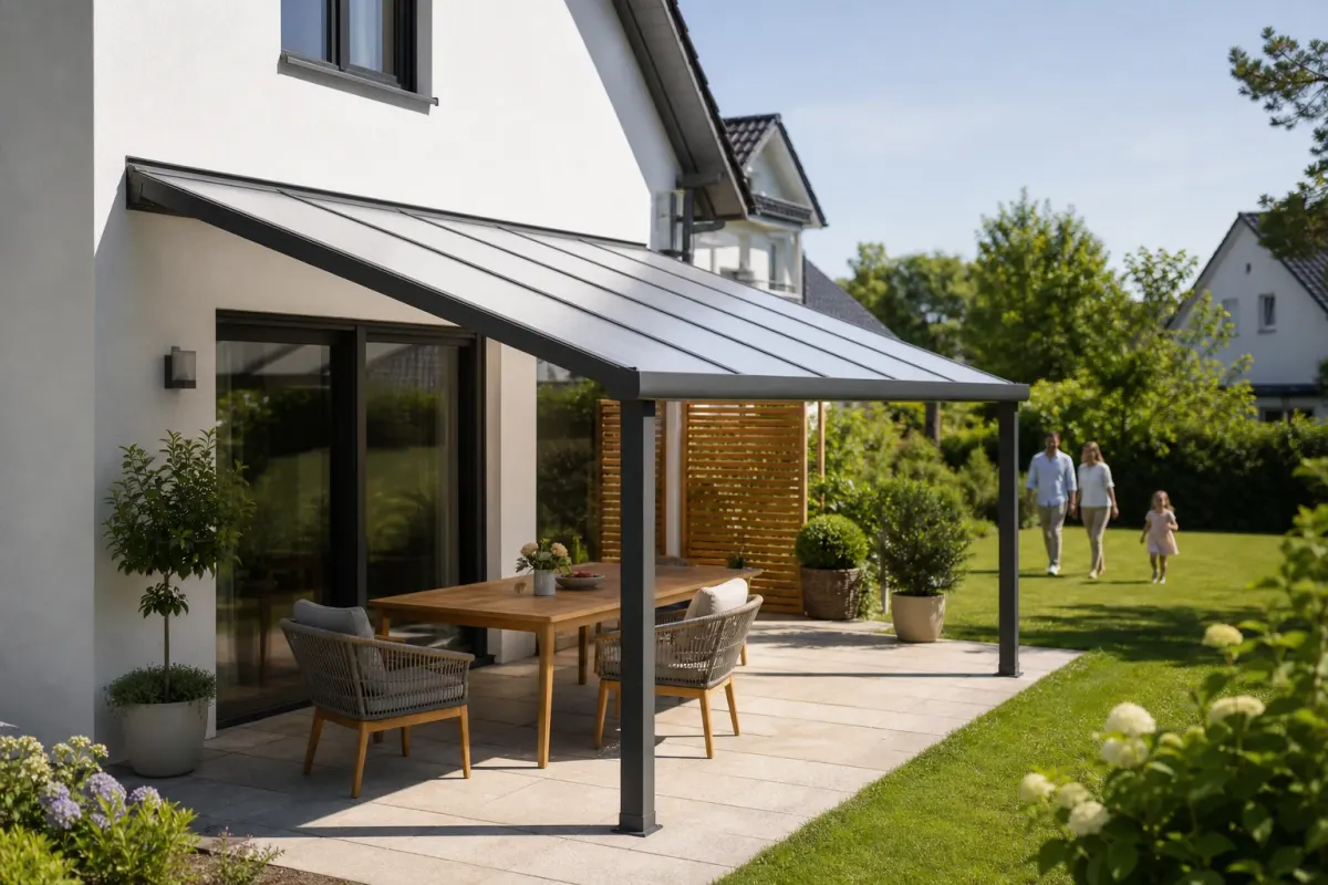 Konzeptvisualisierung eines schlanken transparenten Terrassendachs am Stadthaus