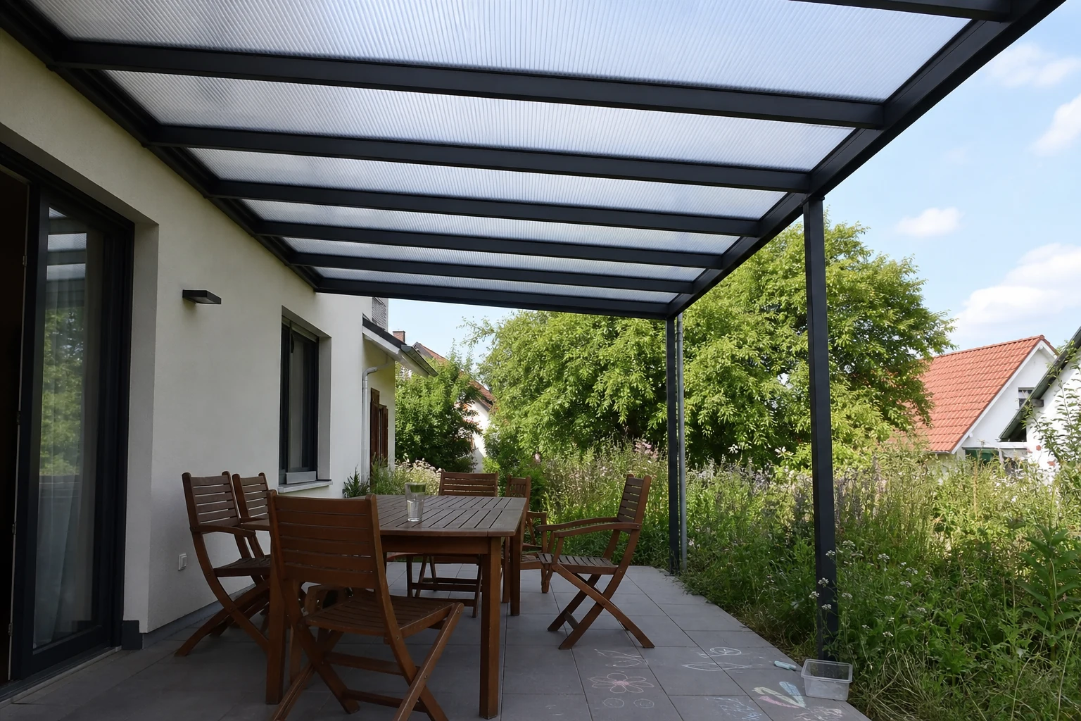 Frontalansicht eines Dachs mit Polycarbonat-Stegplatten