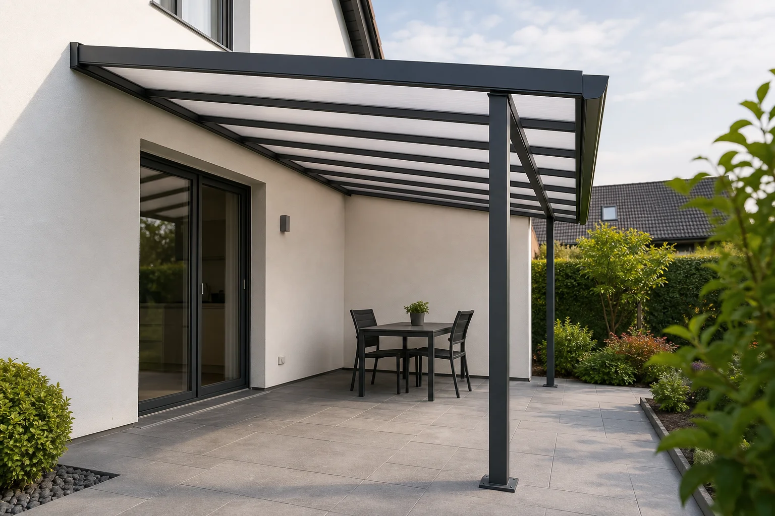 Saubere Terrassenüberdachung mit Polycarbonat-Stegplatten und sichtbarer Aluminium-Unterkonstruktion