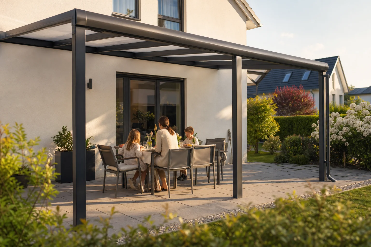 Familie nutzt einen Sitzplatz unter einer Aluminium-Terrassenüberdachung mit Polycarbonat-Stegplatten