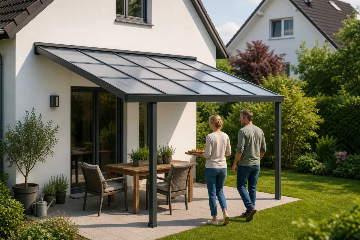 Konzeptvisualisierung eines transparenten Terrassendachs an einem Wohnhaus