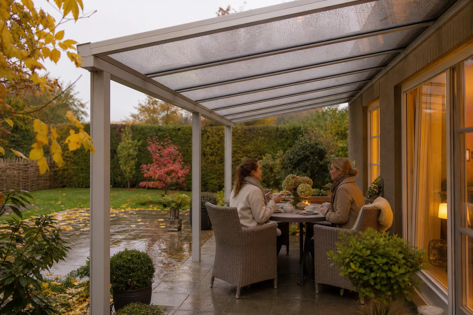 Geschützter Sitzplatz unter einem Aluminium-Terrassendach
