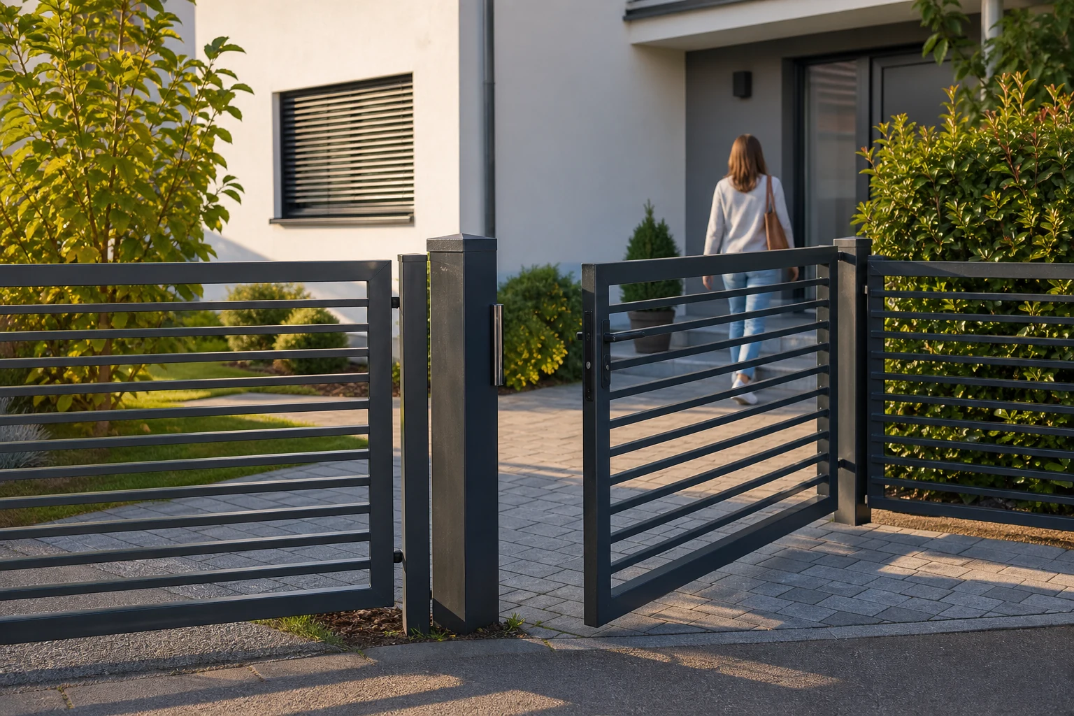 Seitliche Zufahrt durch ein Aluminium-Einfahrtstor