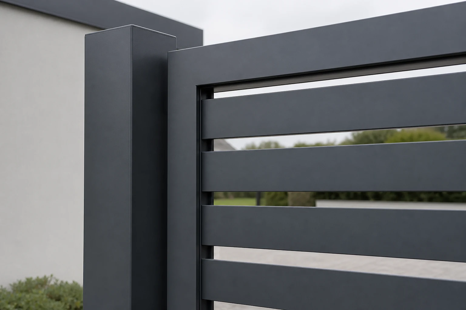 Sichtbares Profil- und Beschlagdetail eines Aluminium-Einfahrtstors