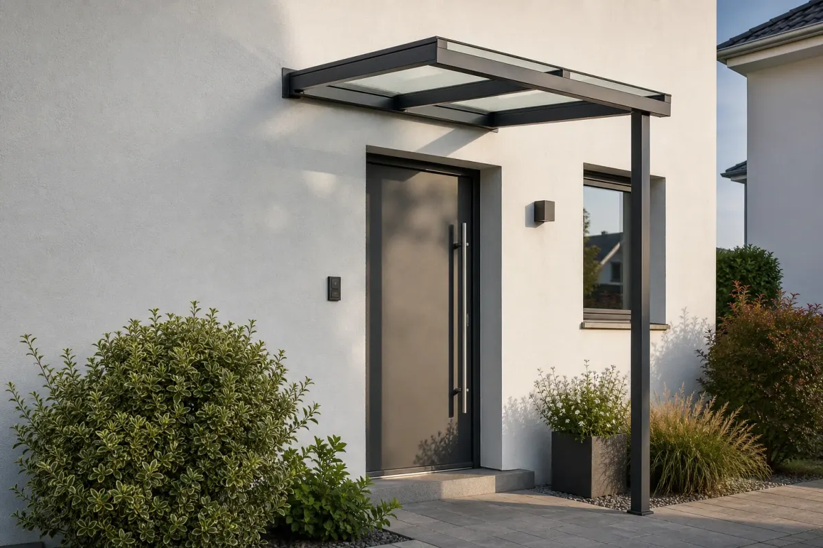 Konzeptvisualisierung eines schlanken Aluminium-Vordachs am Hauseingang