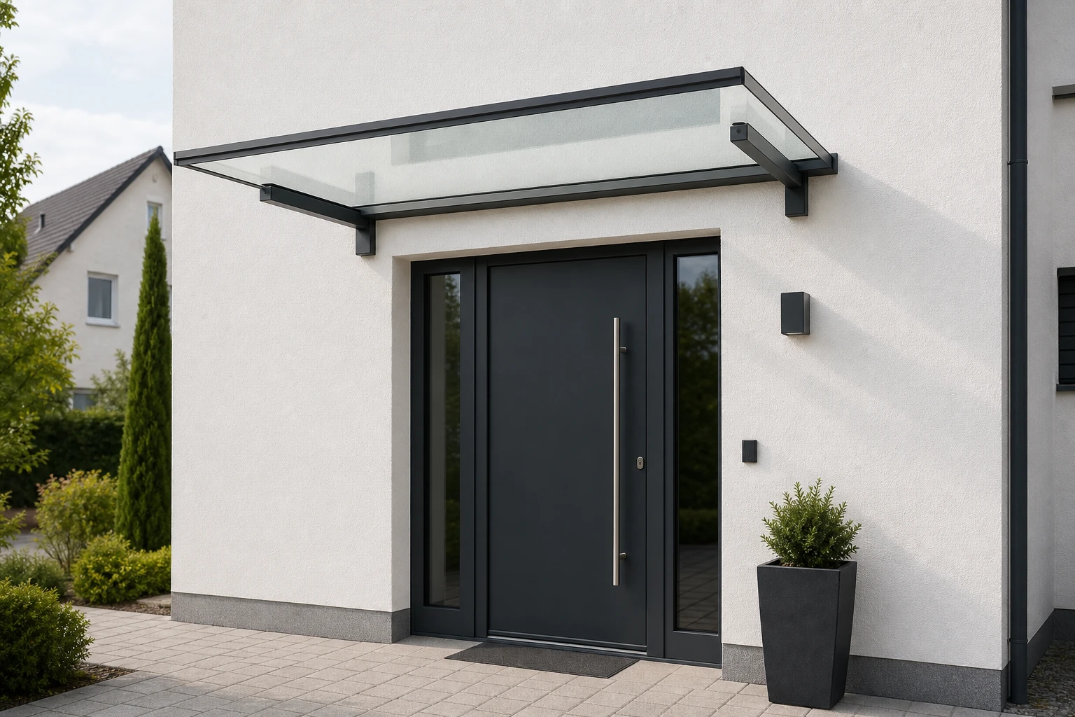 Frontalansicht eines sauberen Aluminium- und Glas-Vordachs über einem Hauseingang