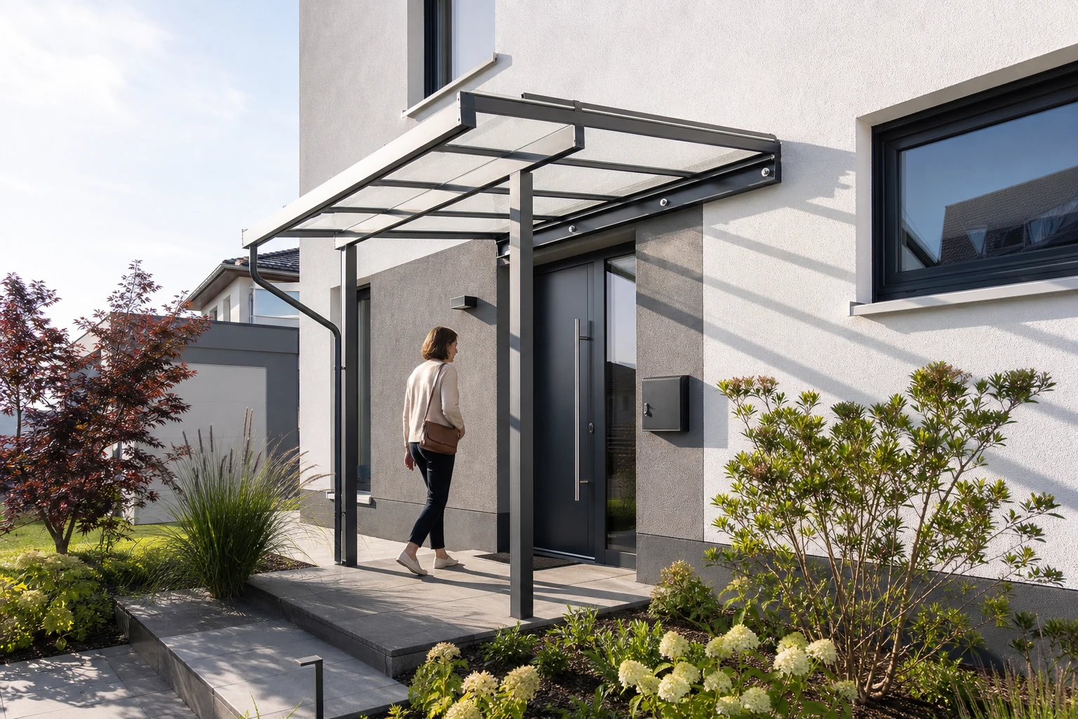 Seitliche Ansicht eines Aluminium-Vordachs am Eingangsbereich
