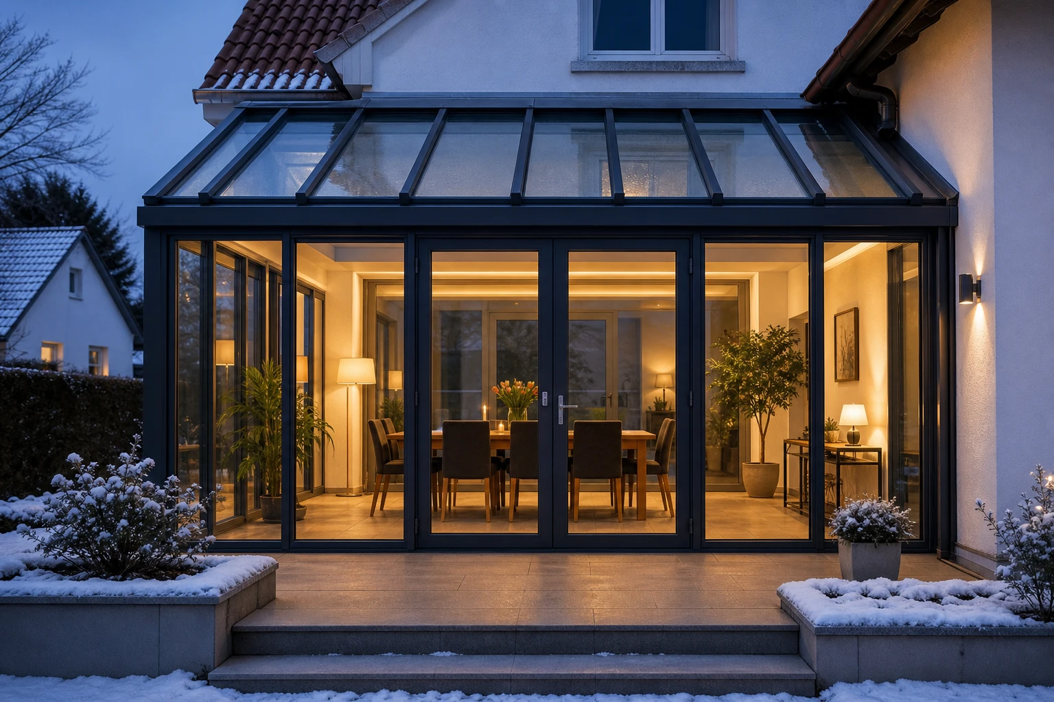 Frontalansicht eines verglasten Aluminium-Wintergartens in winterlicher Abendstimmung