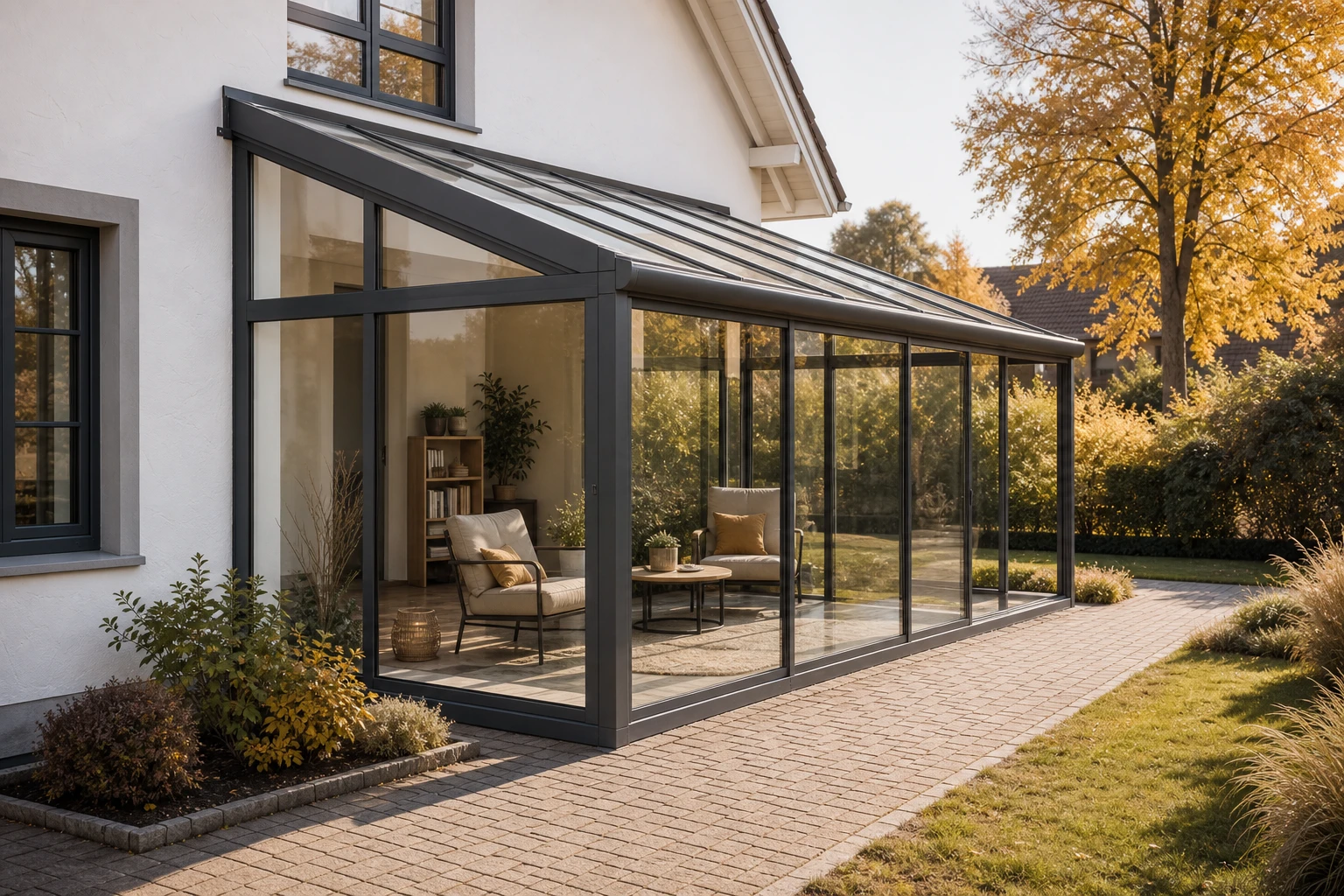 Seitliche Herbstansicht eines vollverglasten Aluminium-Wintergartens
