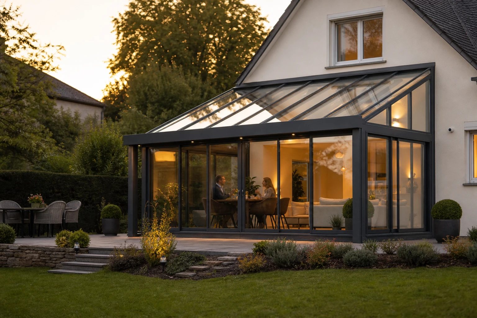 Aluminium-Wintergarten in weiter sommerlicher Gartensituation mit zwei Personen im Innenraum