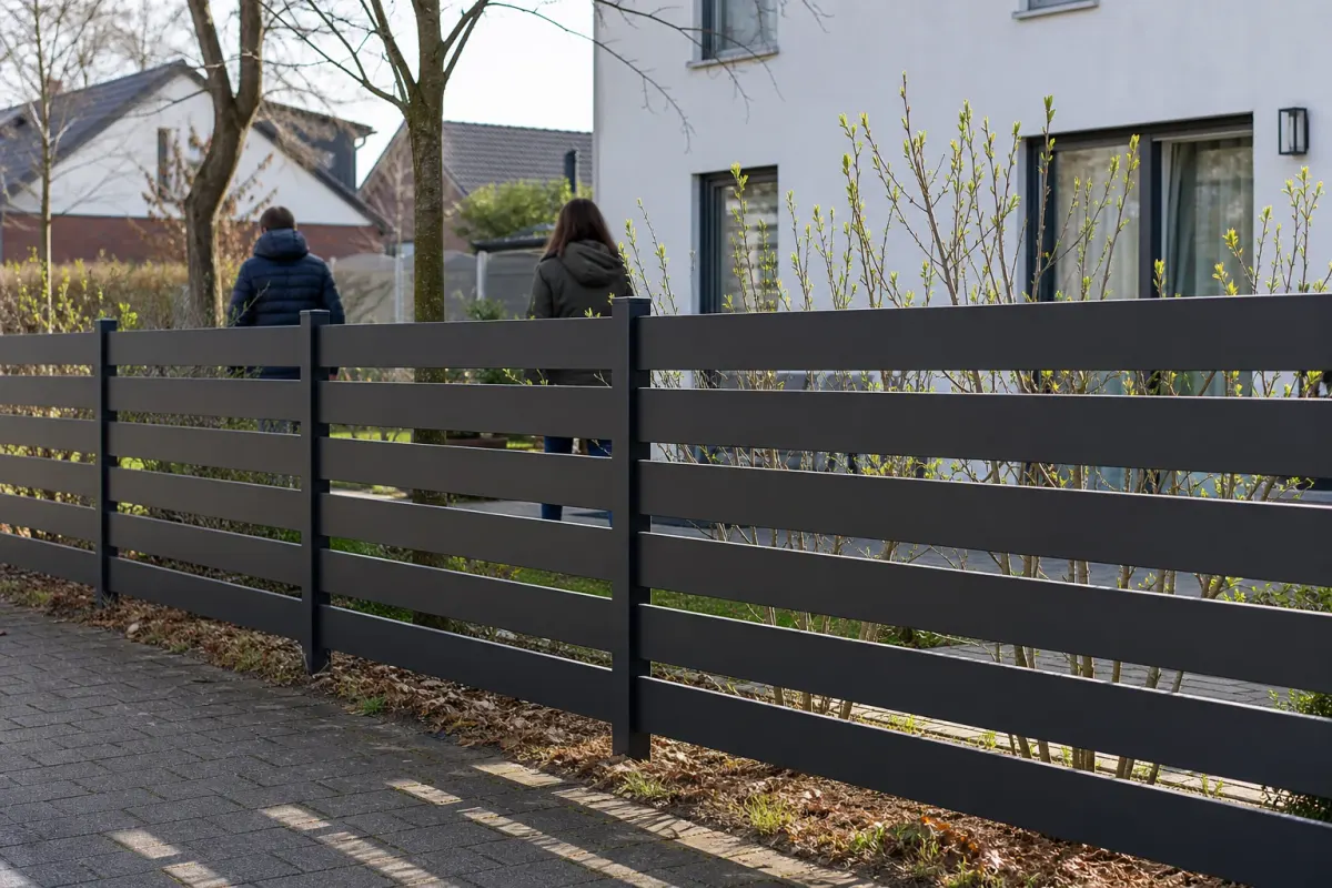 Konzeptvisualisierung eines gegliederten Aluminiumzauns mit Türsegment