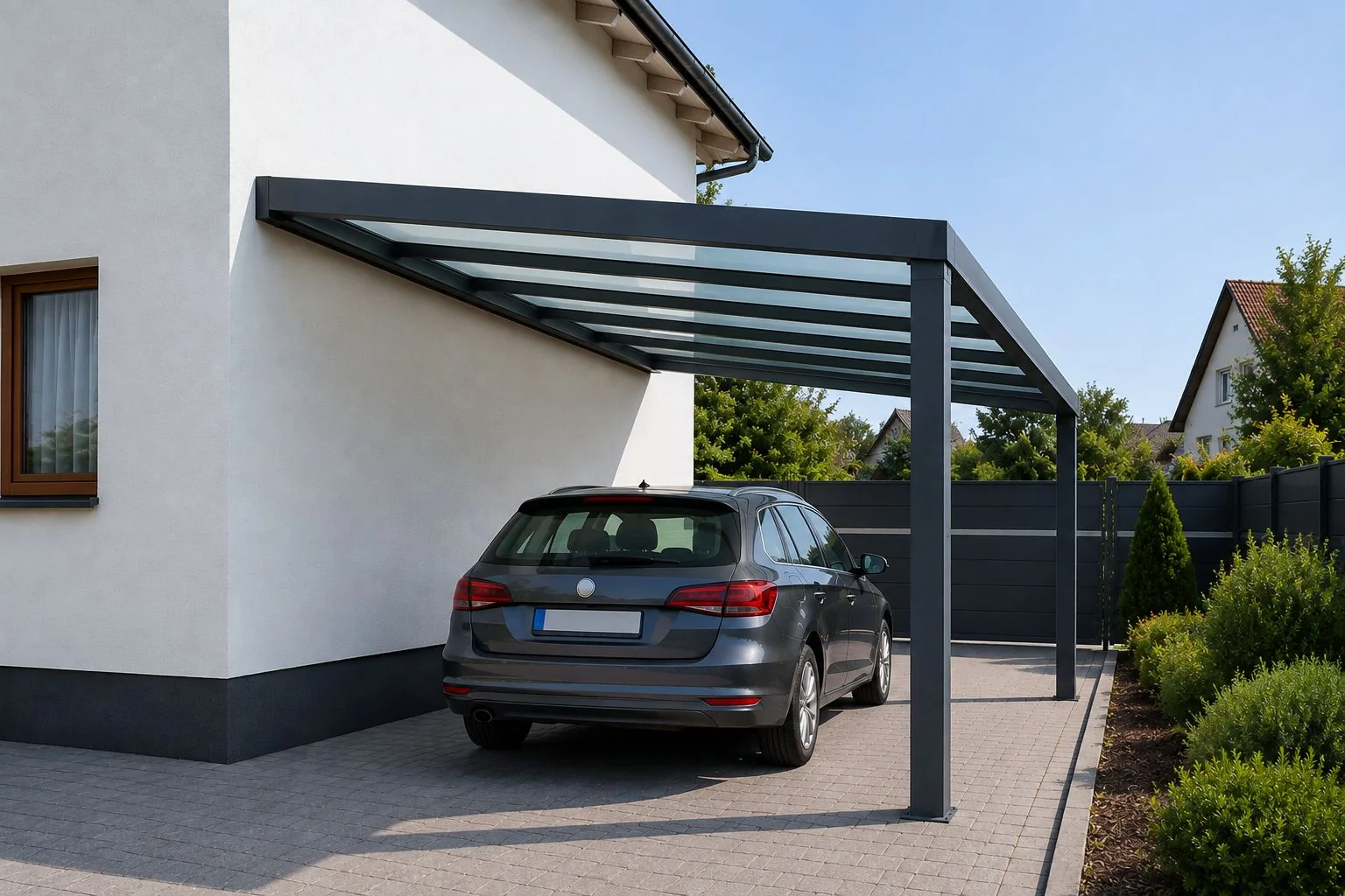 Anthrazitfarbener Aluminium-Carport an einem Wohnhaus