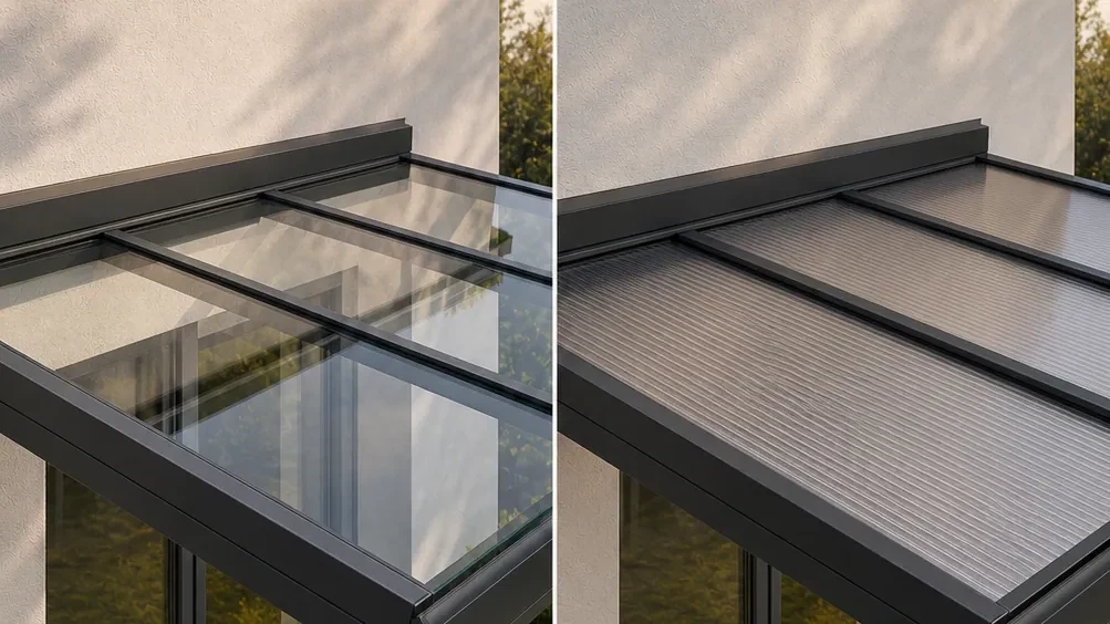 Materialvergleich einer transparenten Dacheindeckung aus Polycarbonat und Glas