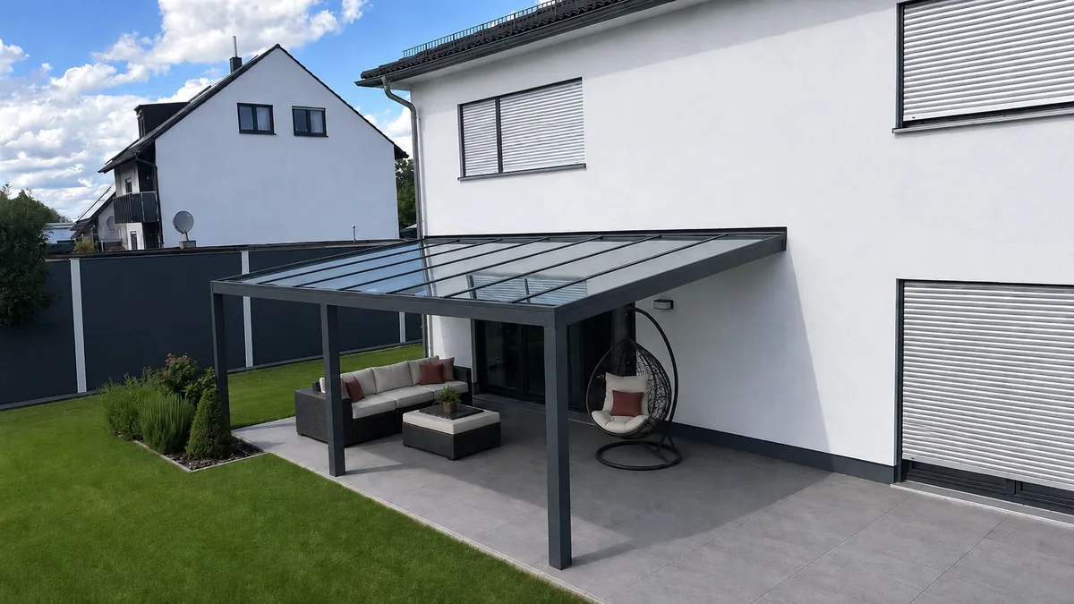 Fotografische Ansicht eines transparenten Terrassendachs an einem Wohnhaus