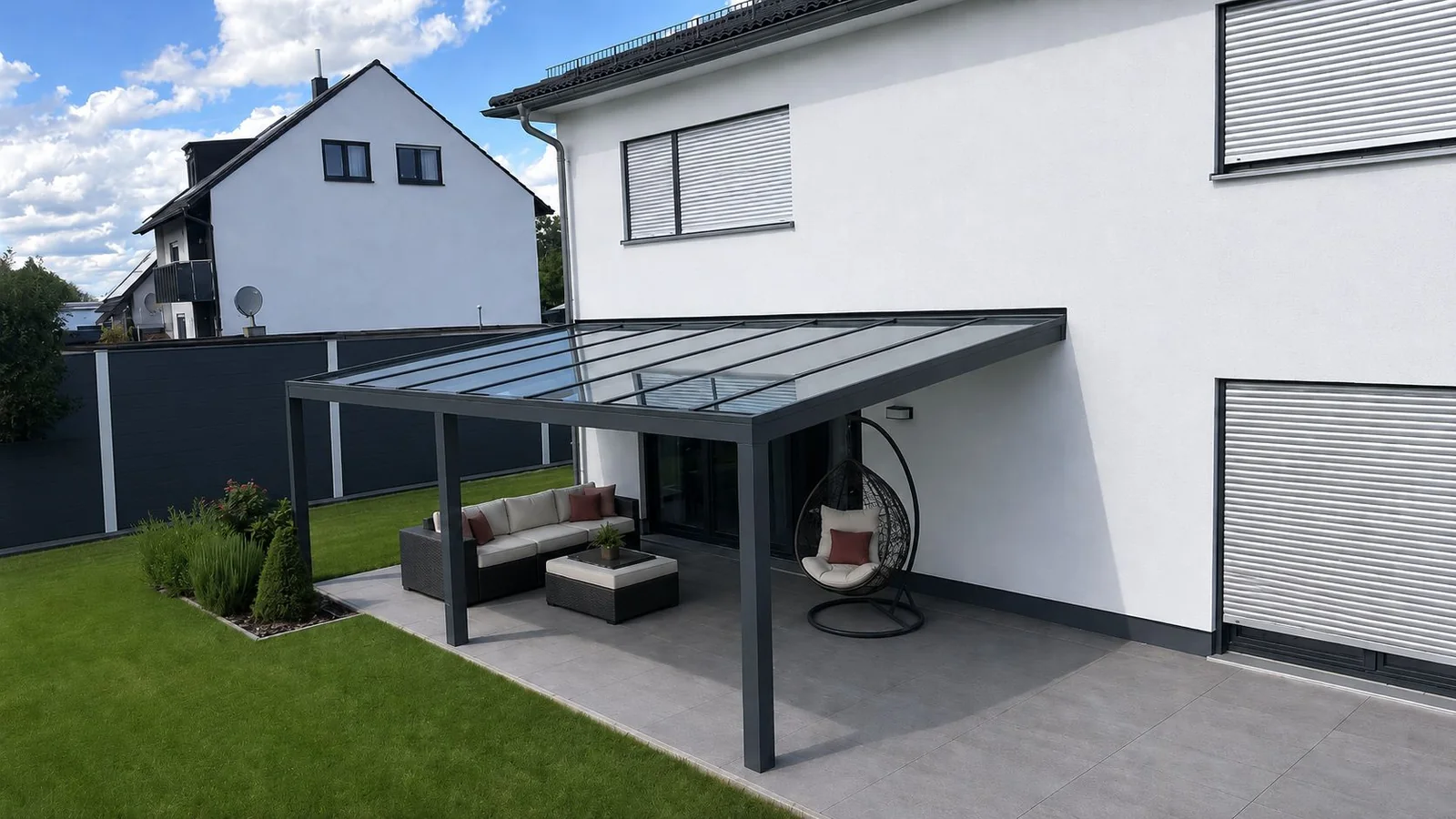 Anthrazitfarbene Aluminium-Terrassenüberdachung mit transparenter Dacheindeckung an einem Wohnhaus