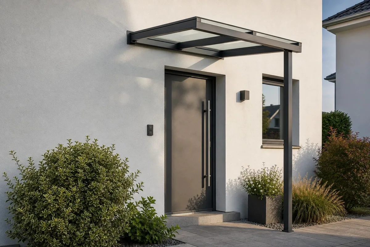 Konzeptvisualisierung eines schlanken Aluminium-Vordachs am Hauseingang
