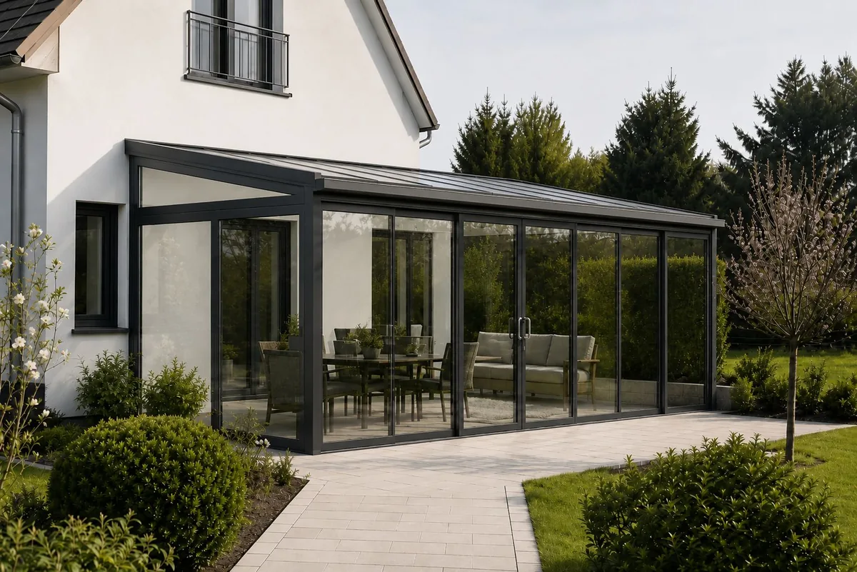 Konzeptvisualisierung einer ungedämmten Terrassenverglasung als Sommergarten