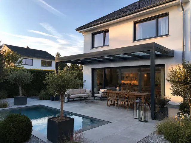 Großzügige Terrasse mit dunklem Aluminium-Terrassendach bei Abendlicht