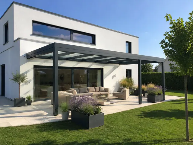 Modernes Wohnhaus mit dunklem Aluminium-Terrassendach und Sitzbereich