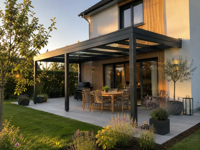 Terrassendach mit Wohn- und Essbereich an einem modernen Einfamilienhaus