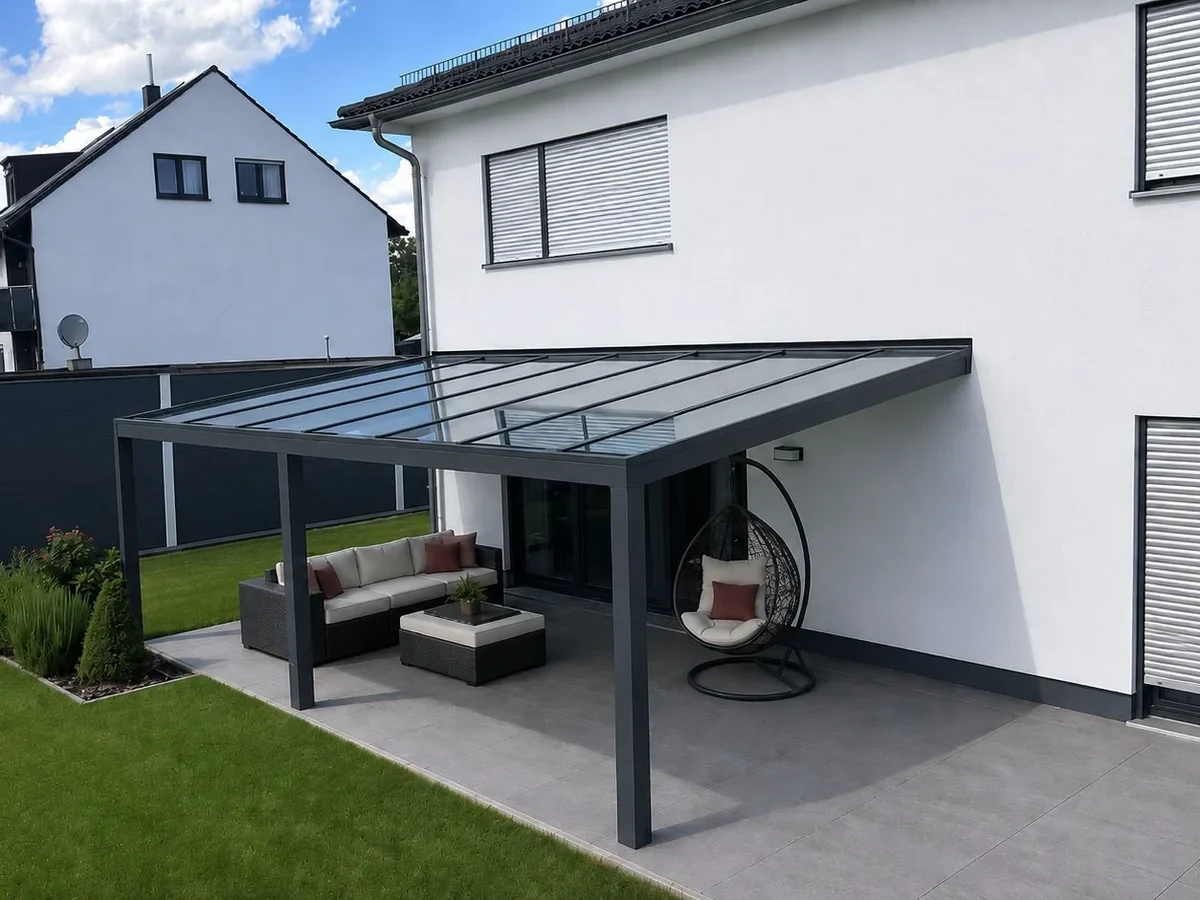 Anthrazitfarbenes Terrassendach an einem weißen Wohnhaus mit Sitzgruppe und Hängesessel